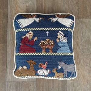 Nativity Pillow Tapestry Christmas Decor Angels Animals Embroidered 8"x8" Square